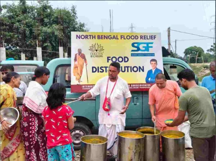 ISKCON, Sourav Ganguly Foundation, North Bengal Flood Relief, Siliguri, Food for Life, Humanitarian Aid, Flood Assistance, Bengal Floods 2025